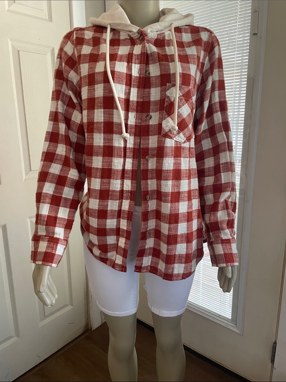 Time and Tru Red and White Plaid Hooded Shacket